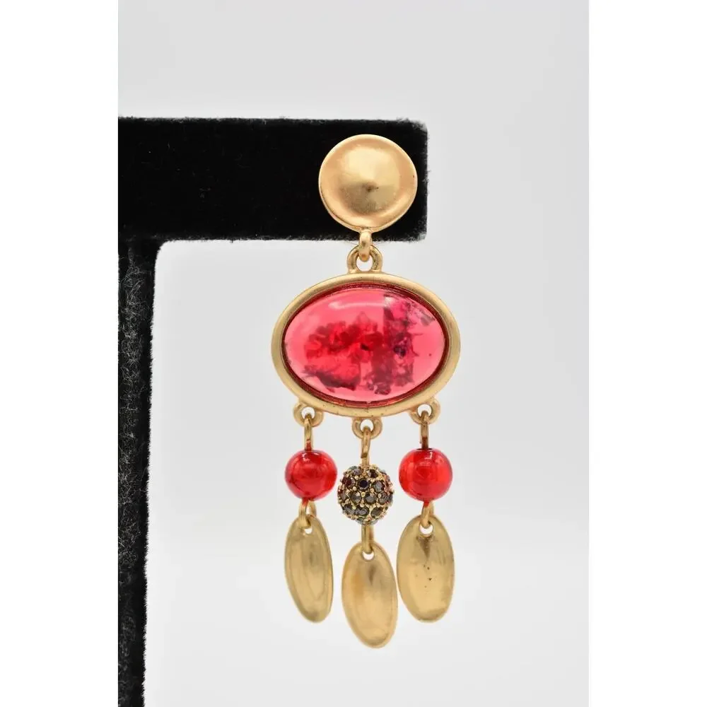 Statement Cabochon Dangle Earrings Red Lucite Brushed Gold Black Rhinestone 9L